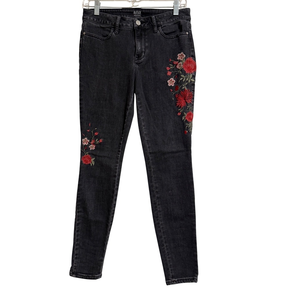 Ana A New Approach Womens Black Floral Embroidered Skinny Jegging Jeans Size 6